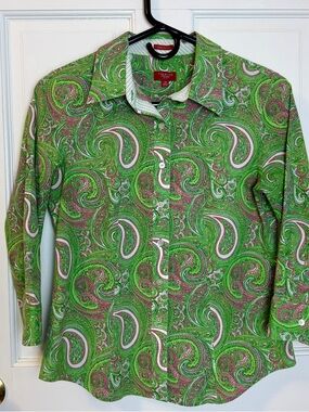 Talbots Women’s Cotton Vibrant Green & Pink Paisley Button Down Shirt, Size 4P